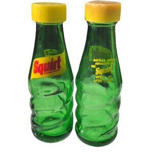 Vtg Green Glass Squirt Soda Advertising Bottles Salt Pepper Shakers 70s Picnic